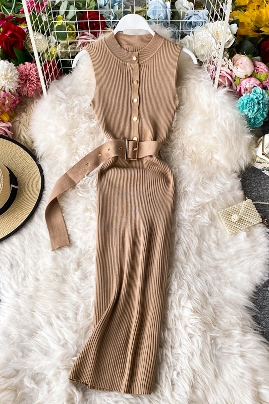 

2021 Summer Women Knit Dress Single Breasted Slim Belted Sleeveless Ladies Vintage Solid Knitting Dress