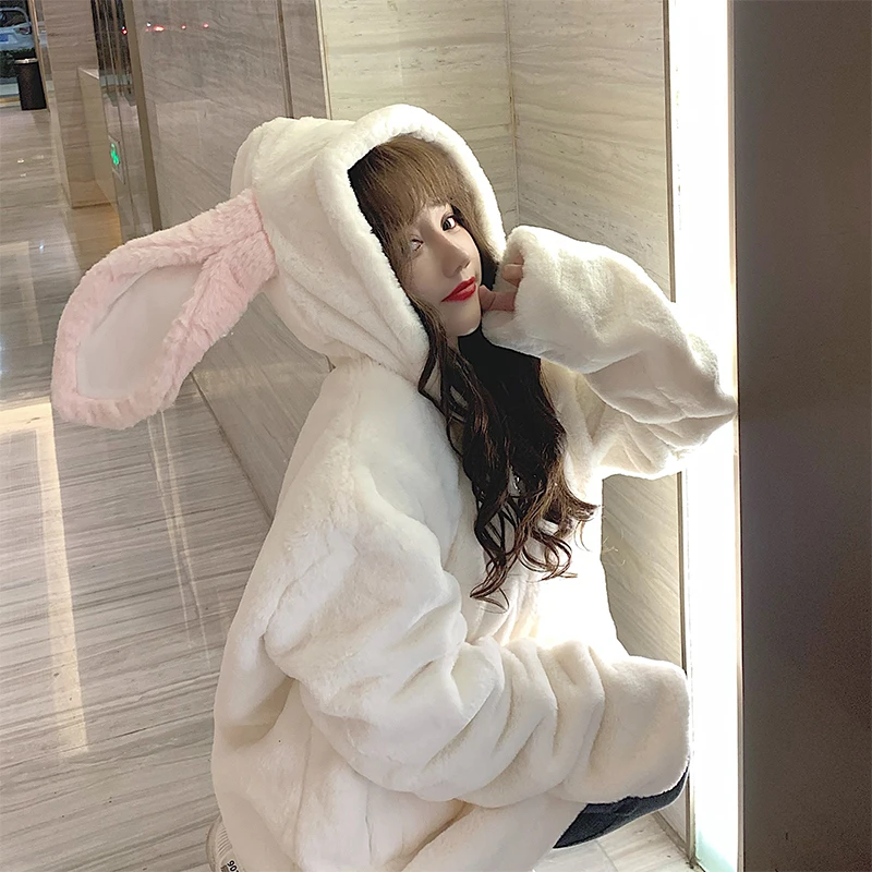 Japanese Winter Gothic Lolita Jacket Sweet Soft Sister Harajuku Rabbit Ears Hoodie Warm Plush Coats Korean Kawaii Hooded Outwear