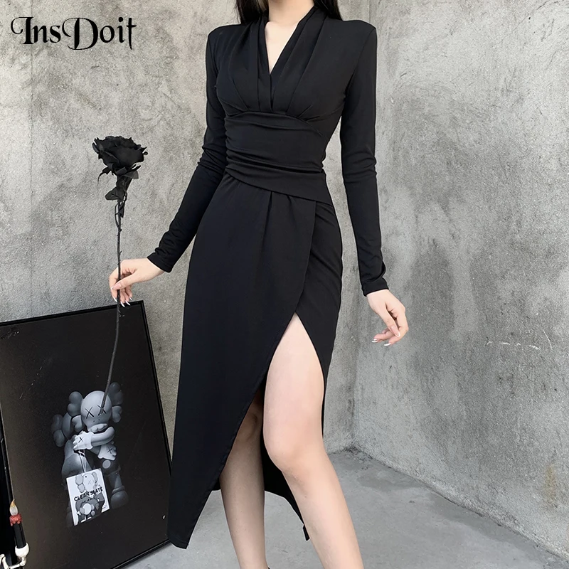 

InsDoit Goth Black Dress Women Vintage V-neck Slit Long Sleeve Dress Sexy Slim Bodycon Ruched High Waist Elegant Party Dress New