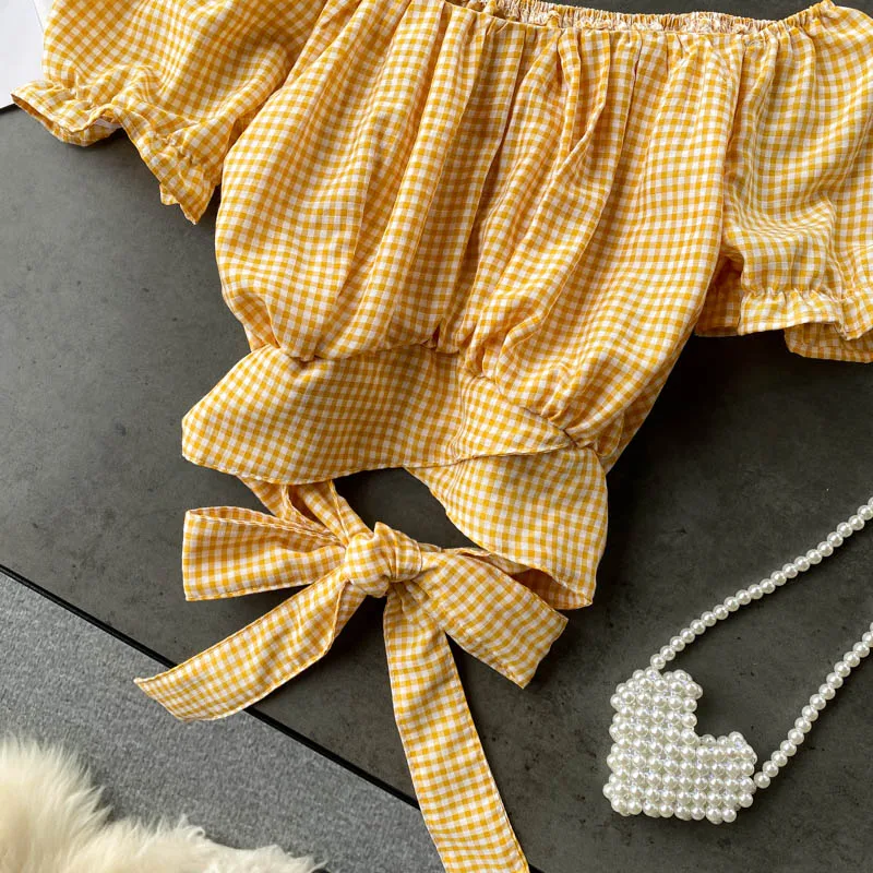 

French Women Plaid Blouse Summer Puff Sleeve Slash Neck Bow Drawstring Slim Blouses Fashion Streetwear Vintage Tops
