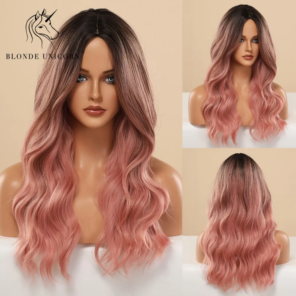 

Blonde Unicorn Long Synthetic Wig Brown Root to Pink Middle Part Wigs Cosplay Daily Natural Wavy Heat Resistant Hair for Women