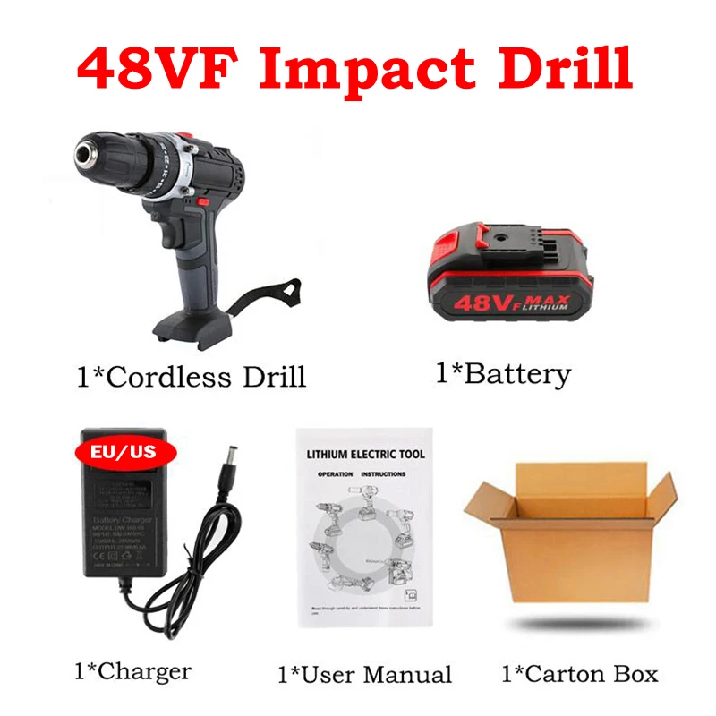 

48VF Cordless Impact Driver Electric Drill Screwdriver Double Speed Electric Wrench with Lithium-Ion Battery Power Tool Set