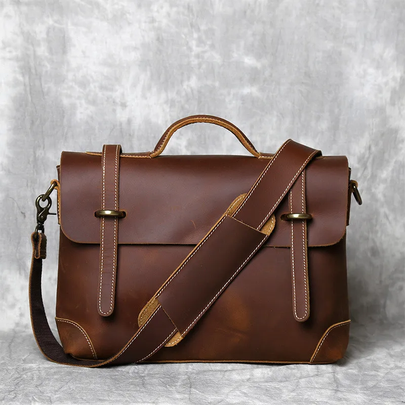 Retro fashion crazy horse leather men's portable messenger bag daily work business office laptop shoulder diagonal bag