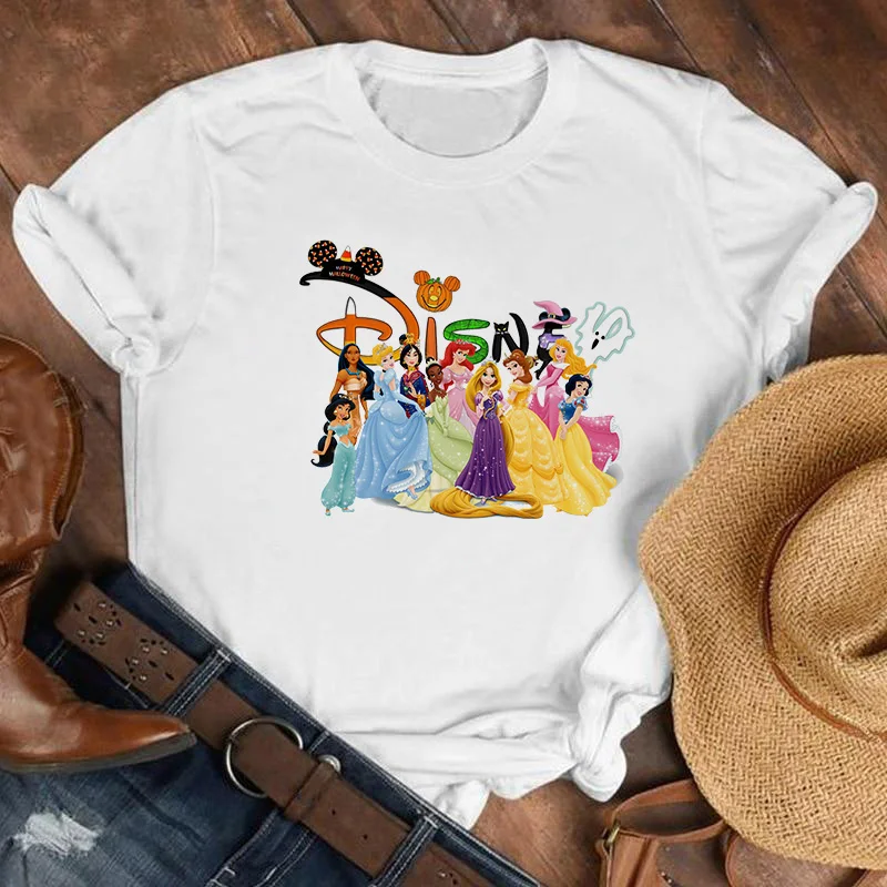 

Disney Princesses Female T-shirts Fashion Cartoon White T Shirt Women Summer Casual Short Sleeve Tops Ulzzang Graphics Tees Lady