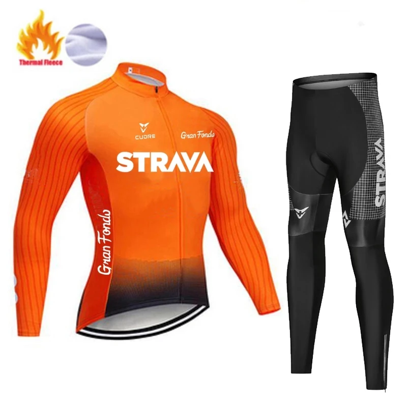 

2021 STRAVA Team winter Cycling Jersey Set Bicycle Clothing Thermal Fleece Men long Sleeve Shirt Bike bib pants roupa ciclismo