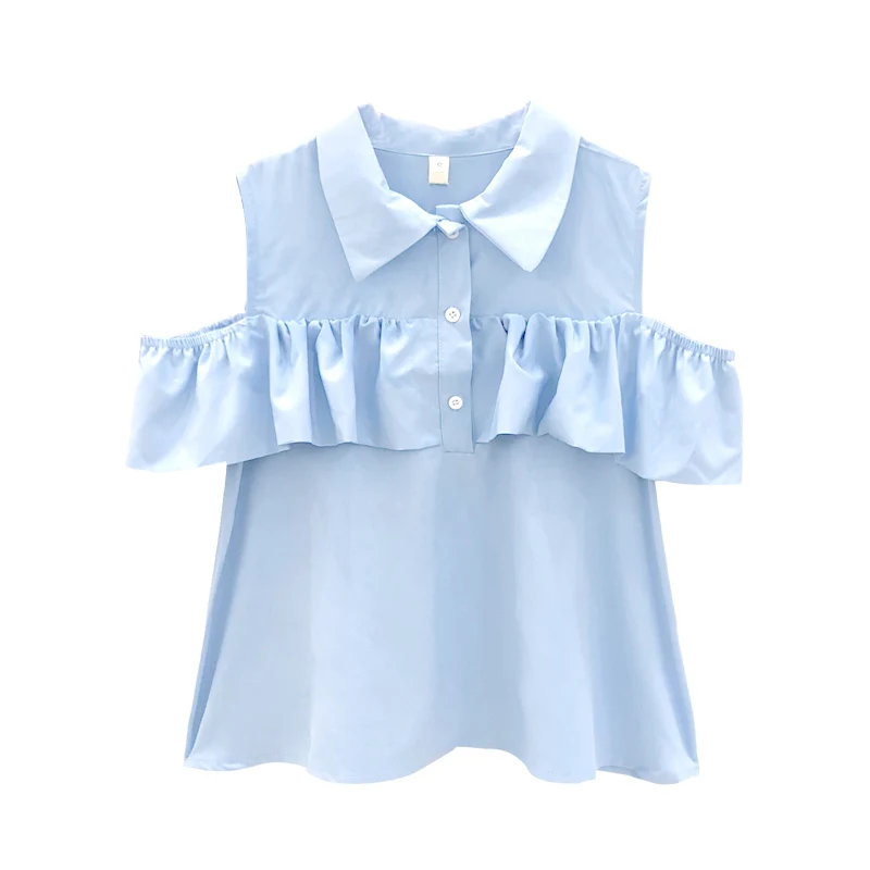 

Shirts Women Solid Ruffles Off-shoulder Blouses Girls Summer Sweet Lovely Elegant Streetwear French Korean Style Designed Shirt