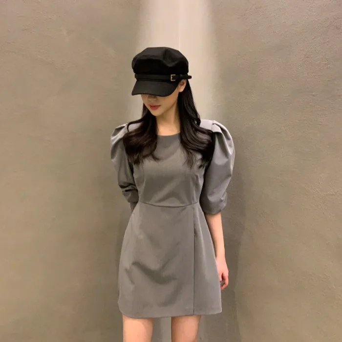 

Korean Chic French Minority Spring and Autumn Clothing Temperament Crew Neck Puff Sleeve Waist Slimming Mid-Length High Waist