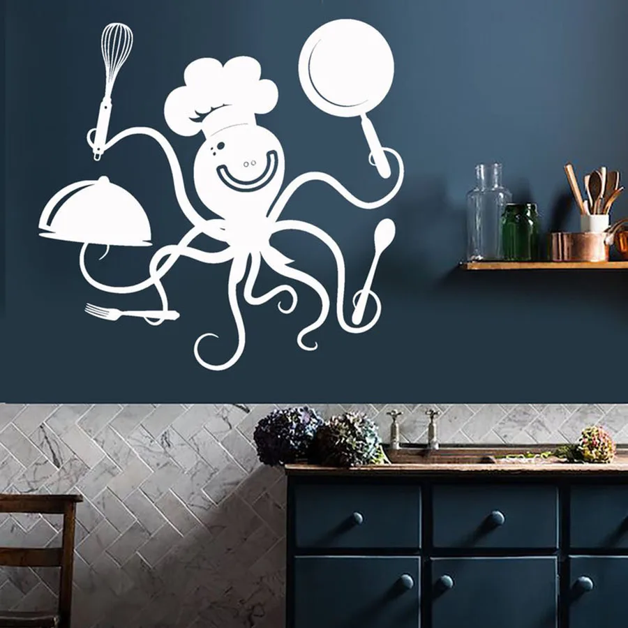 

Wall Decal Kitchen Decor Funny Octopus Chef with Pots and Pans Restaurant Cafe Decor Vinyl Wall Stickers Creative Mural S725