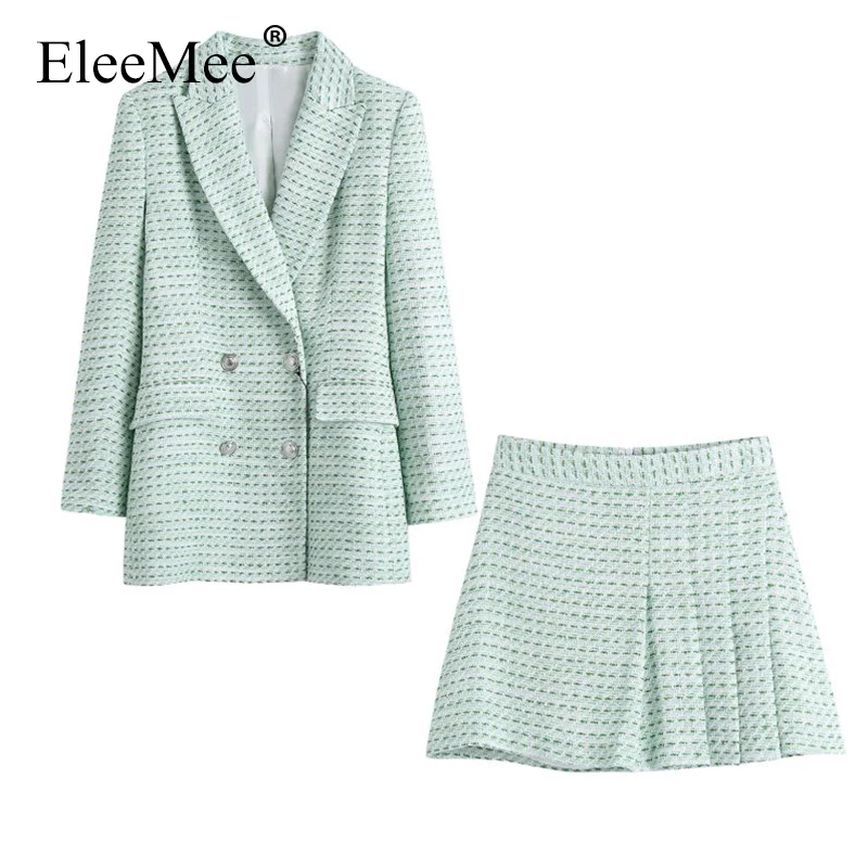 

EleeMee Women Blazer And Skrit Sets Double Breasted Tailored Color Coat Pleated Plaid Skrit Female 2021 Two Piece Set Size Xs-L