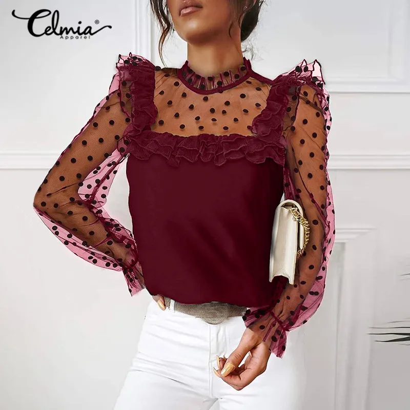 

Fashion See-through Mesh Sheer Lace Stitching Blouses Celmia Women Polka Dot Long Sleeve Tops Elegant Ruffles Stand Collar Tunic