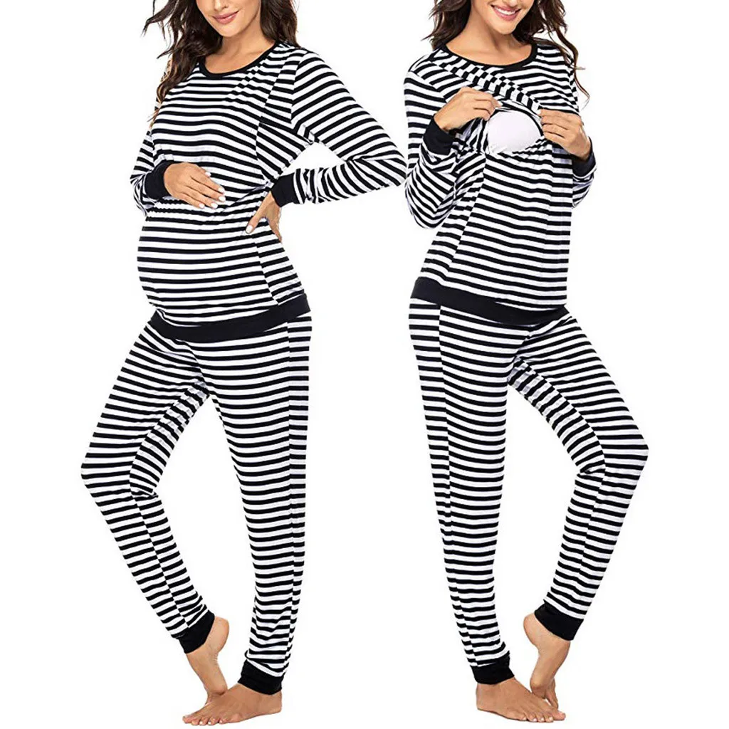 Женская одежда в полоску для беременных, футболка для кормящих грудью с длинным рукавом, топы штаны в полоску, пижамный комплект, костюм# G2