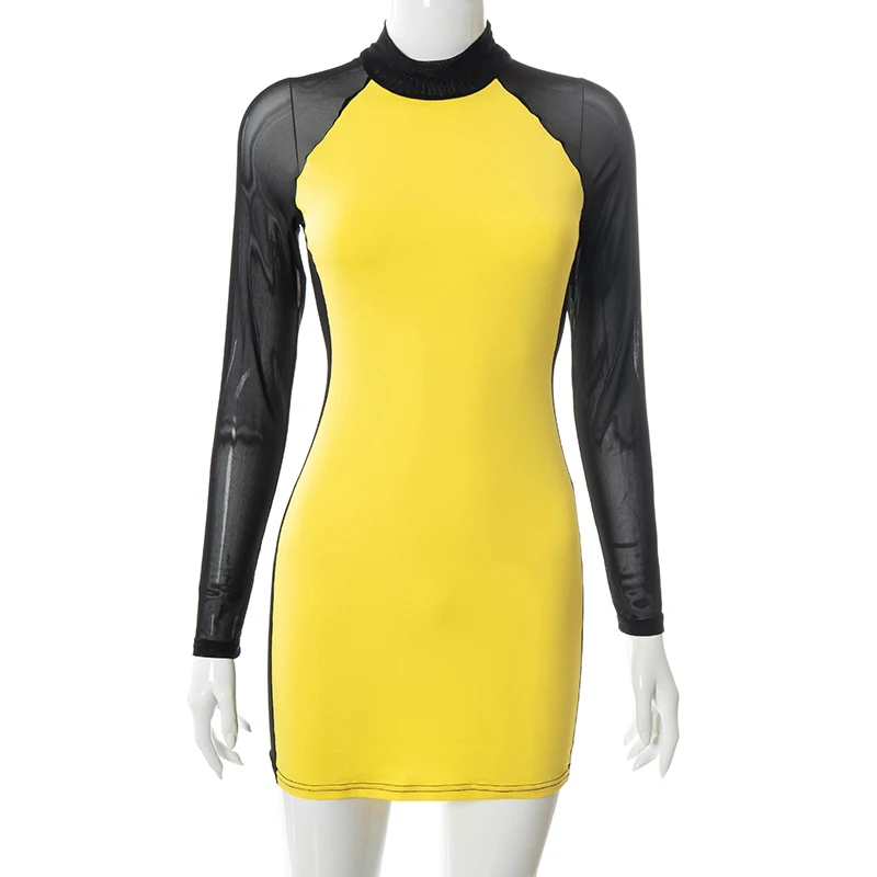 

Cutenove Casual Bodycon Dresses For Women's 2021 Summer Clothing Patchwork O-Neck Mesh Mixi Dress Female Streetwears