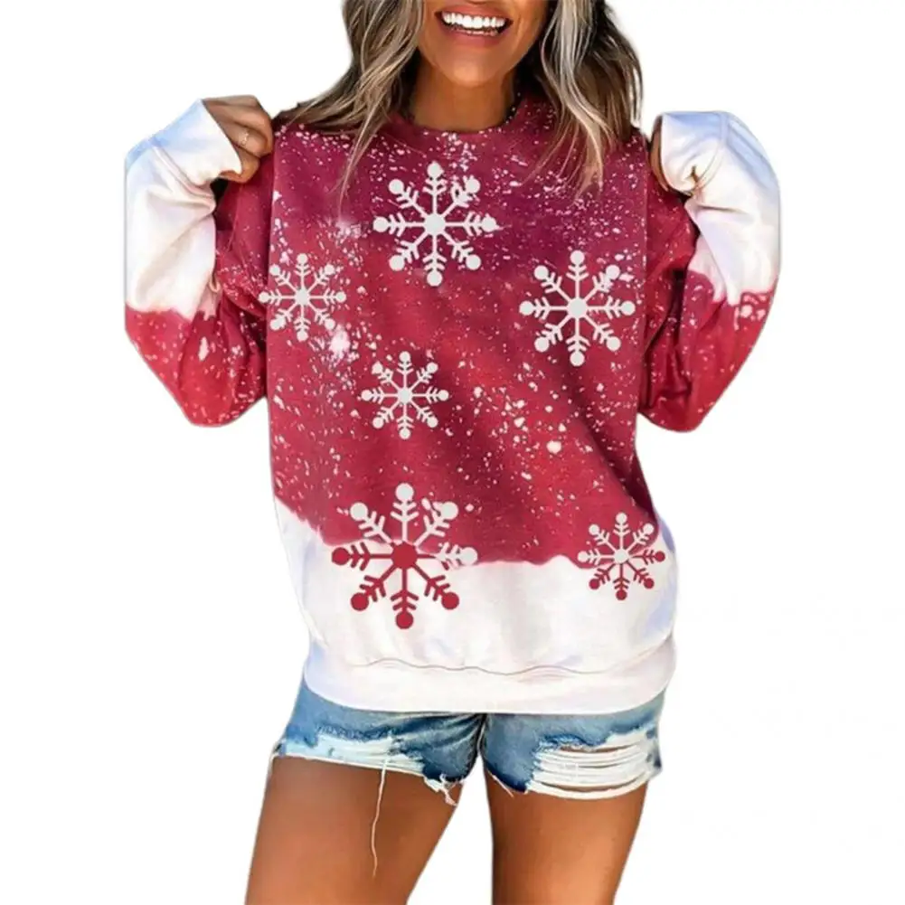 

O-Neck Long Sleeve Pullover Sweatshirt Breathable Snowflake Print Patchwork Christmas Sweatshirt Outerwear