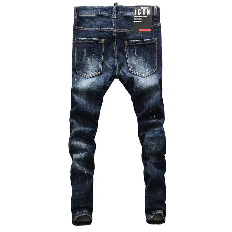 European Vintage Fashion Men Jeans High Quality Retro Dark Blue Slim Ripped Jeans Men Streetwear Painted Designer Denim Pants
