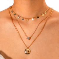 2021 new fashion creative english letter b round piece love heart diamond alloy multi layer golden necklace women jewelry gift