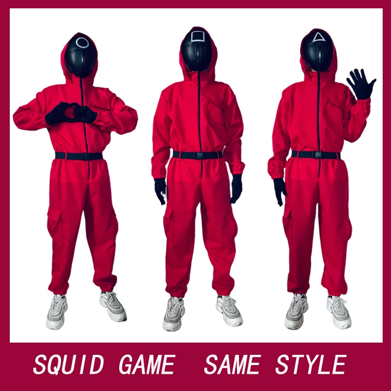 

2021 красный комбинезон для Хэллоуина кальмар Sunisex Косплей Костюм для Хэллоуина вечеринки круглая шесть масок игра в кальмара