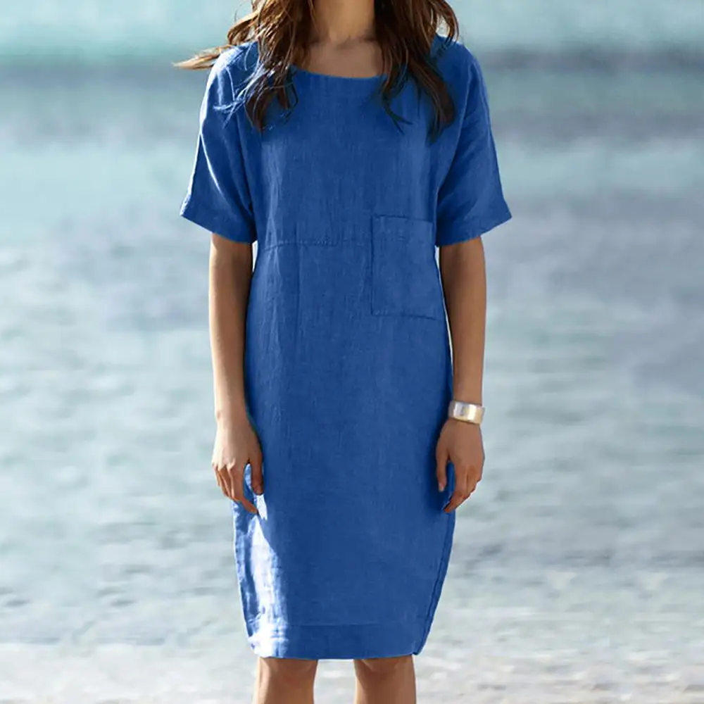 Женское Летнее льняное платье с коротким рукавом свободное ТРАПЕЦИЕВИДНОЕ