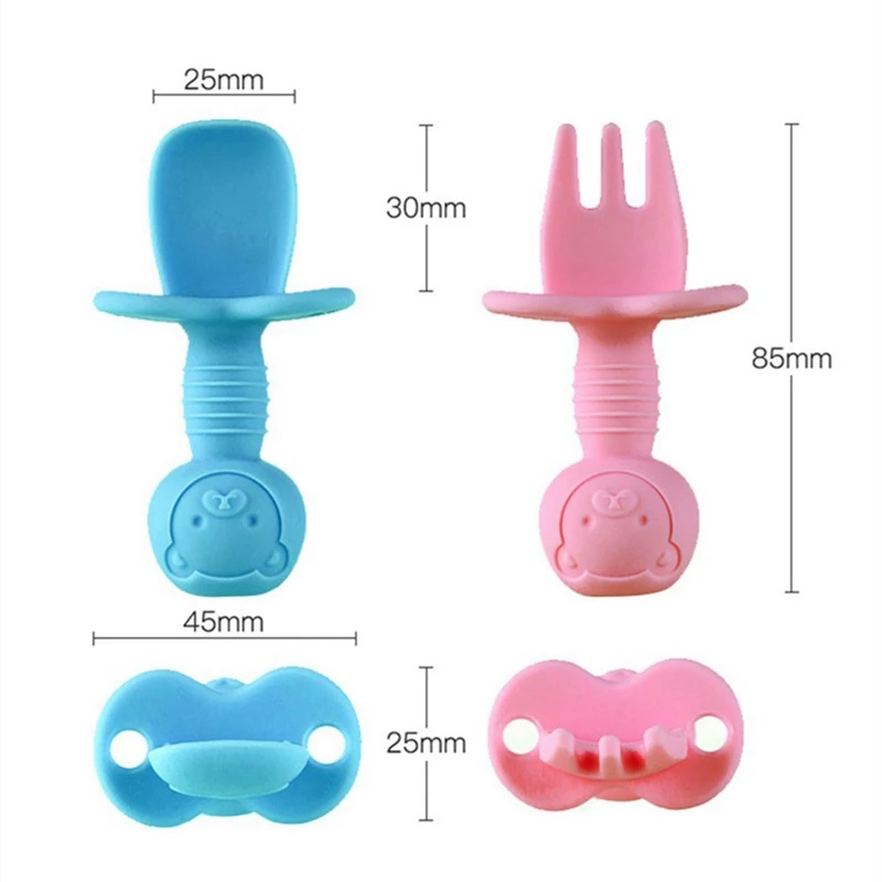 

Baby Feeding Spoon Fork Set Short Easy Spoon Soft Silicone Utensil Teether Toys Non-hurt Training Tableware with storage box