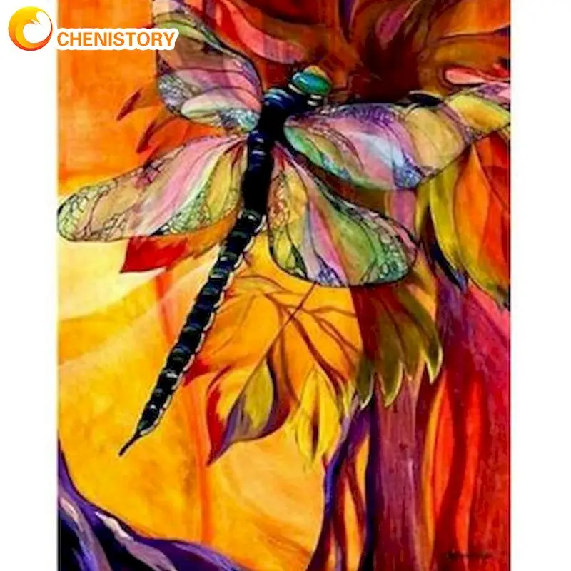 

CHENISTORY Dragonfly On Flower Oil Painting By Numbers Hand Painted DIY Gift Modern Home Living Room Wall Decoration Art Picture
