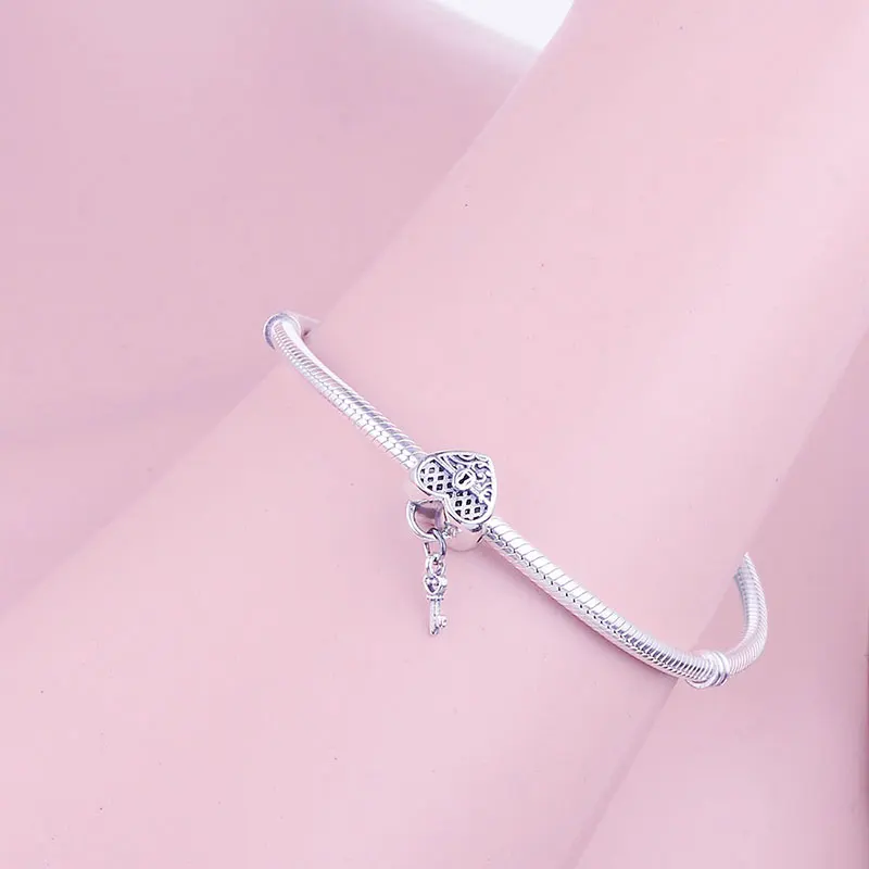 Браслет из стерлингового серебра 925 пробы с сердечком и замочек в виде сердца