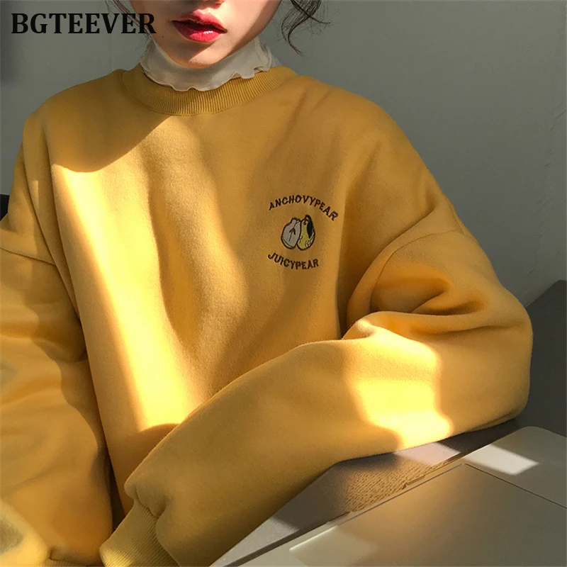 BGTEEVER фруктовая вышивка женская утепленная толстовка с круглым вырезом женские