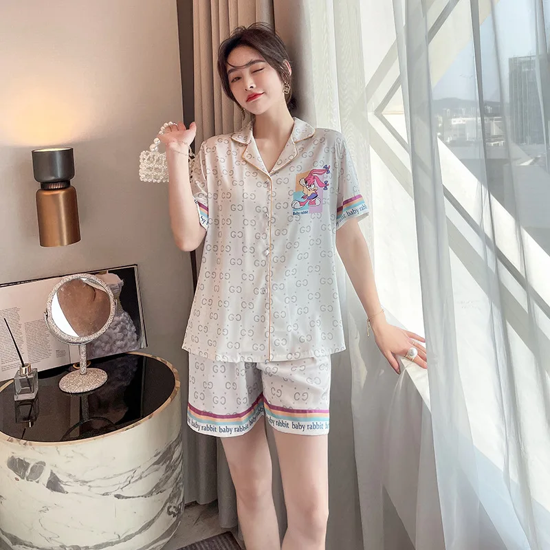 

Satijnen Пижама летние Chemise De Nuit Новый Pijama Corto Mujer печатных Pyama женские набор пижама из тонкой ткани Для женщин дома Услуги костюм