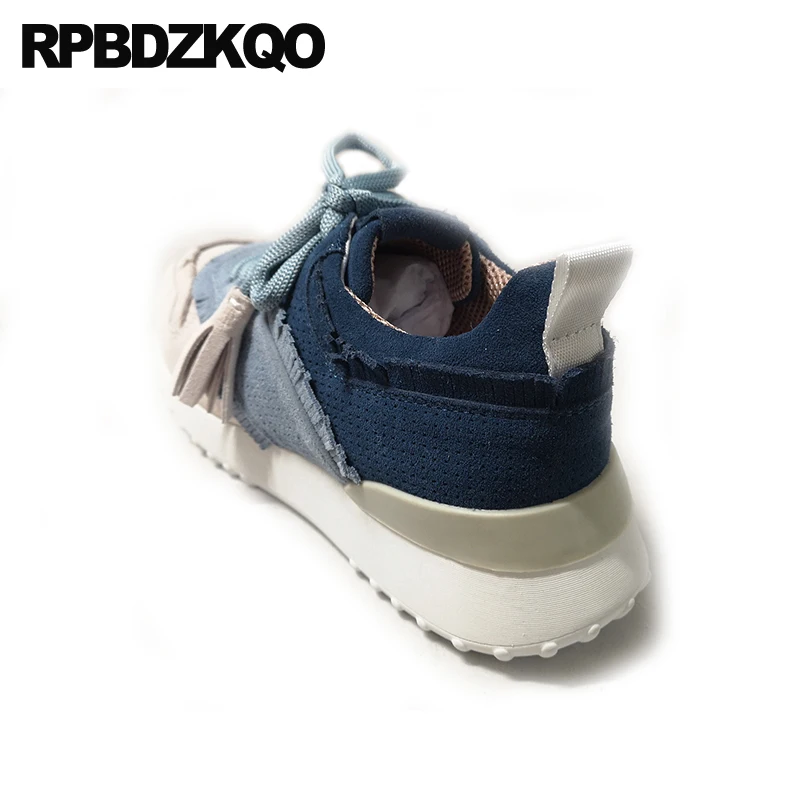 Кроссовки женские синие из натуральной кожи с кисточками на толстой подошве 2021 |