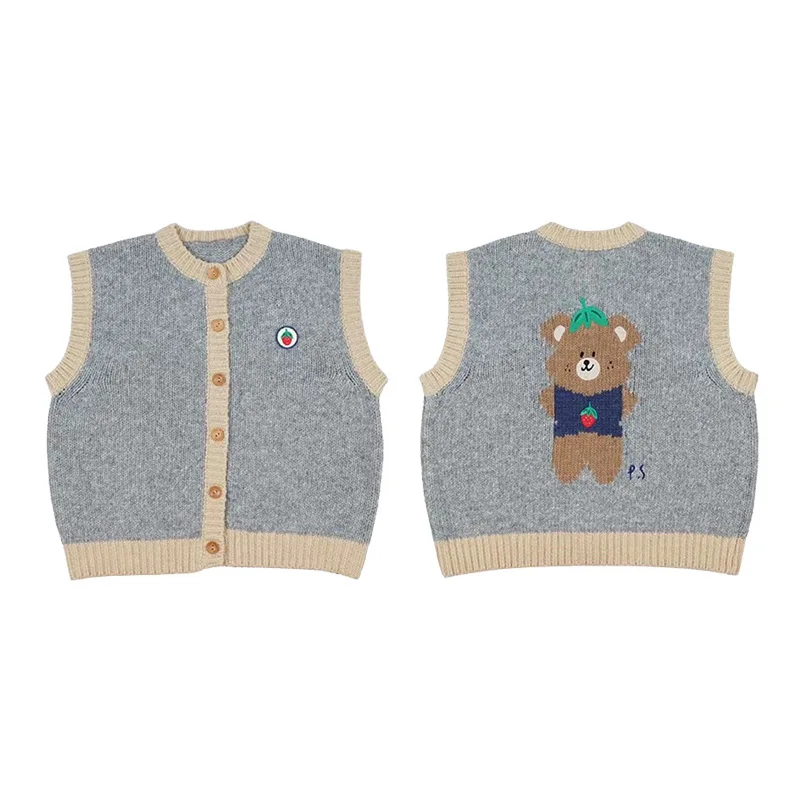 

2021 Ps Brand Kids Knit Vest New Winter Autumn Boys Girls Cute Bear Print Sleeveless Jacket Baby Toddler Cotton Outwear Clothes