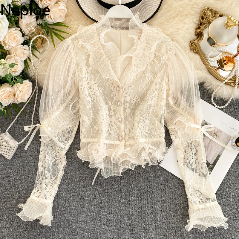 Женская блузка с рюшами Neploe Элегантная v образным вырезом и длинными рукавами на