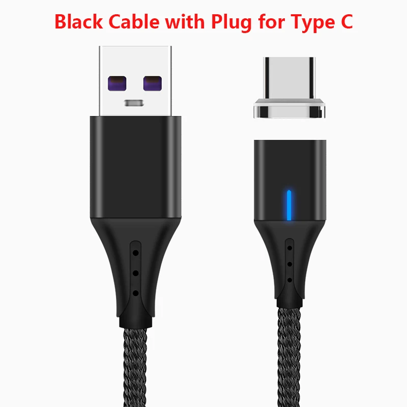 With plug Type C 5А Магнитный кабель Micro usb type C светодиодный супер быстрый зарядный кабель для iPhone samsung huawei Xiaomi Android телефонный кабель 1 м - Цвет: With plug Type C