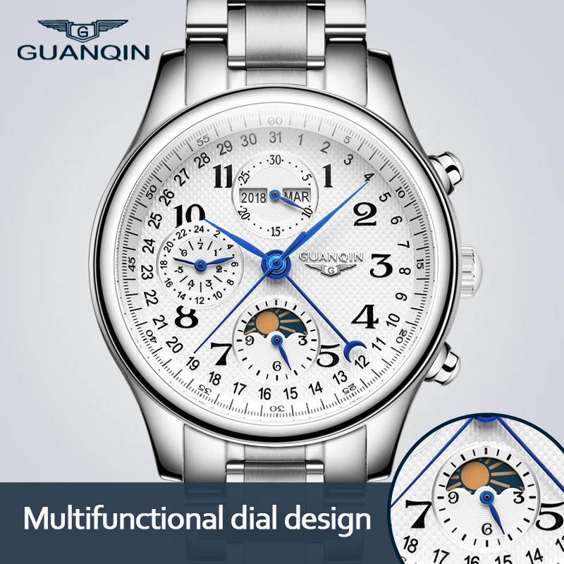 GUANQIN Automatic Watch Men Sapphire Multifunction Lunar Phase Men Watch Waterproof  Perpetual calendar Men Mechanical Watches