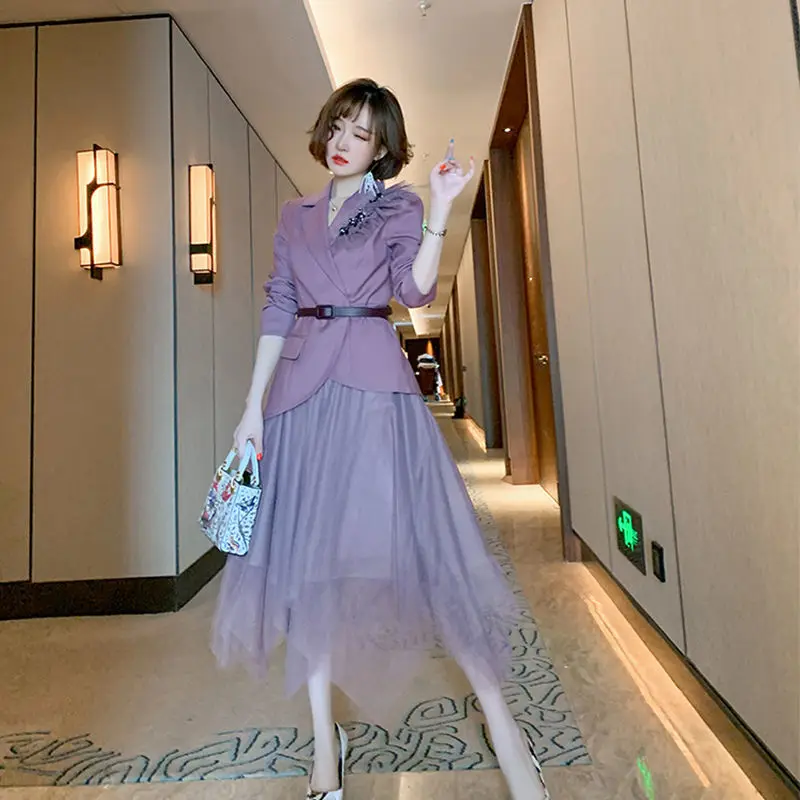 

2pcs set 2xl purple Korean style plus size two piece set Women winter set coat + Skirts Suits Solid Tops Vintage Skirt Sets