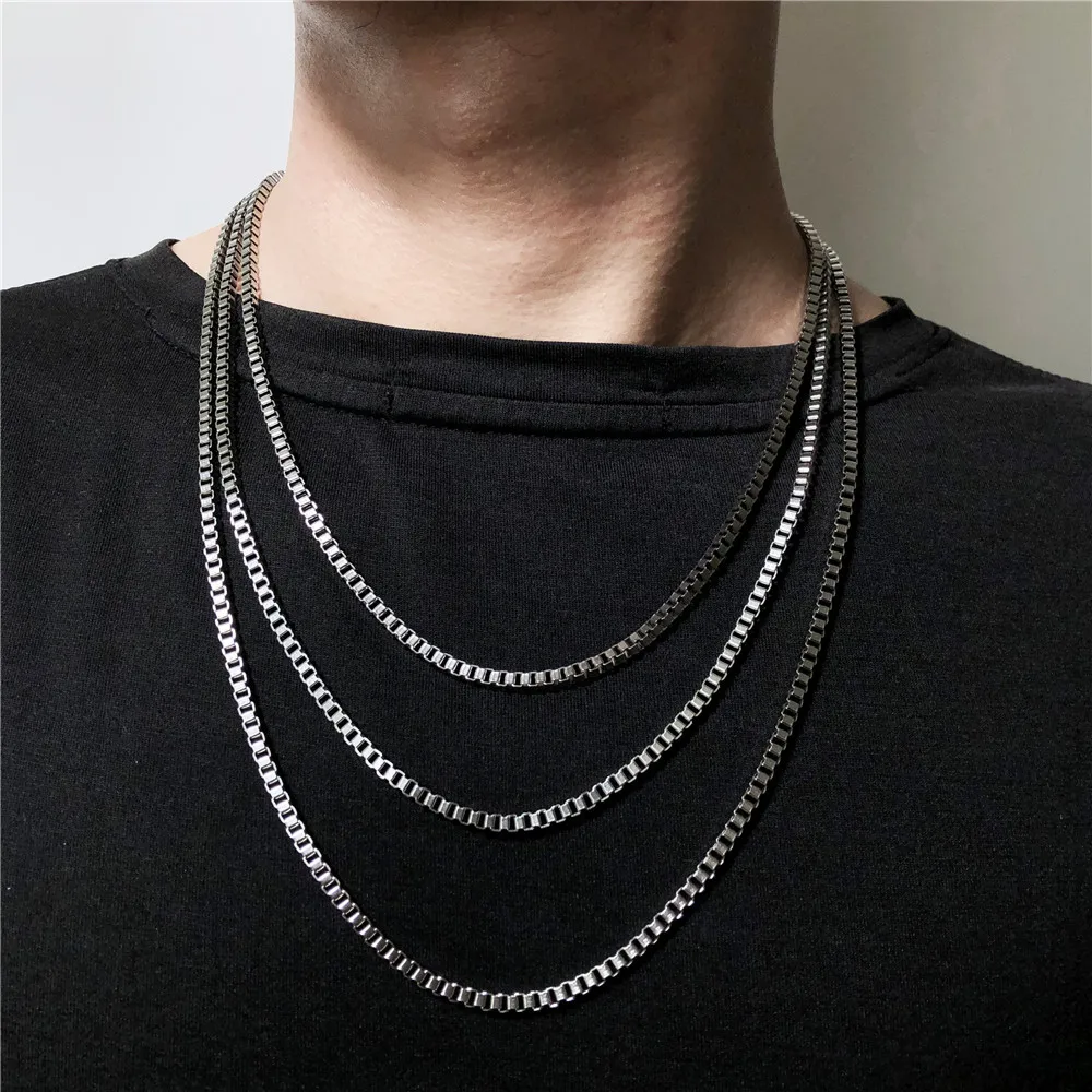 

Hip Hop 50/55/60cm Classic Box Chain Men Necklace Width 3MM Stainless Steel Figaro Cuban Chain Necklace For Men Women Jewelry