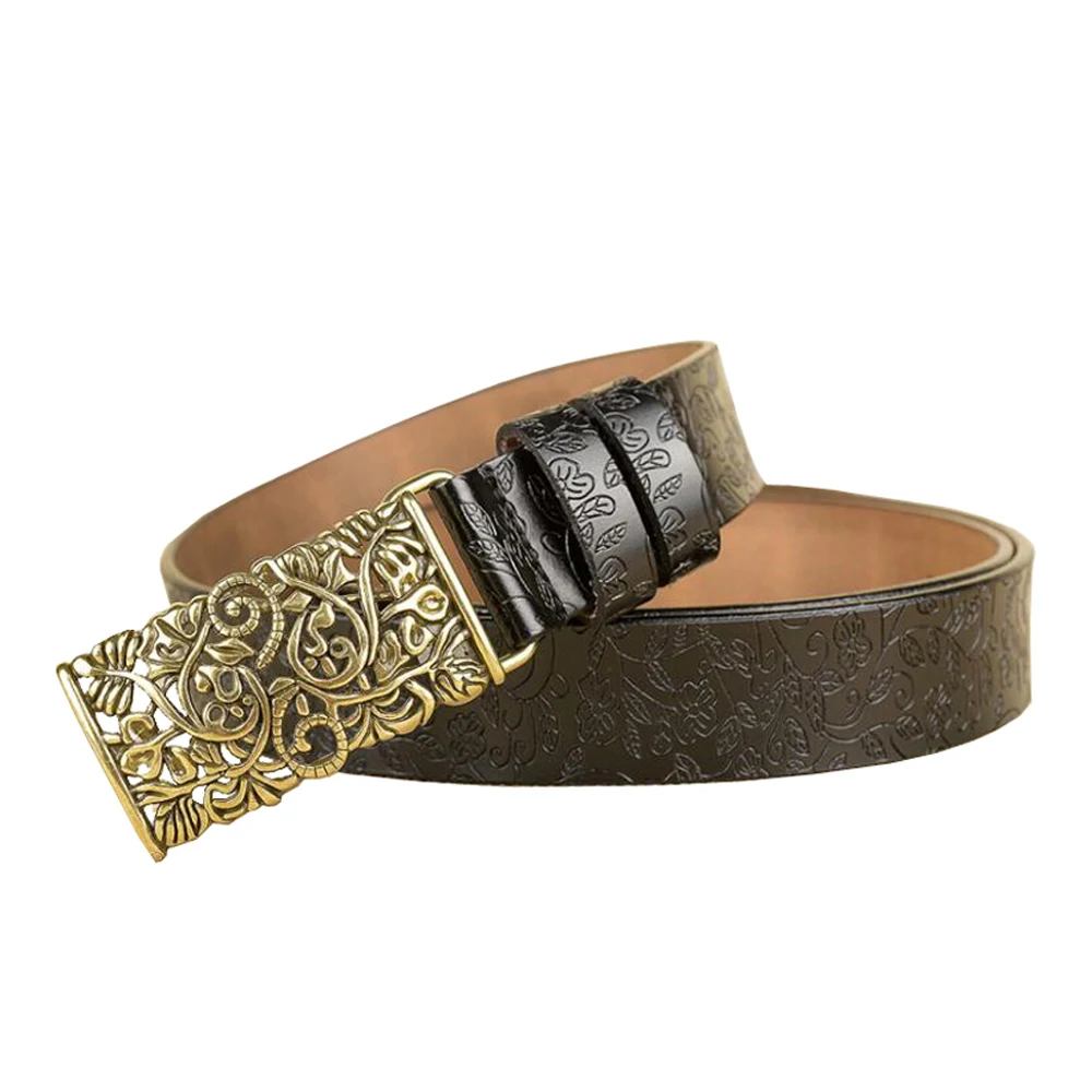 

Western Flower Print Leather Retro Hollow Out Design Buckle Women Belt Fashion Jeans Causal Pants Women Belt