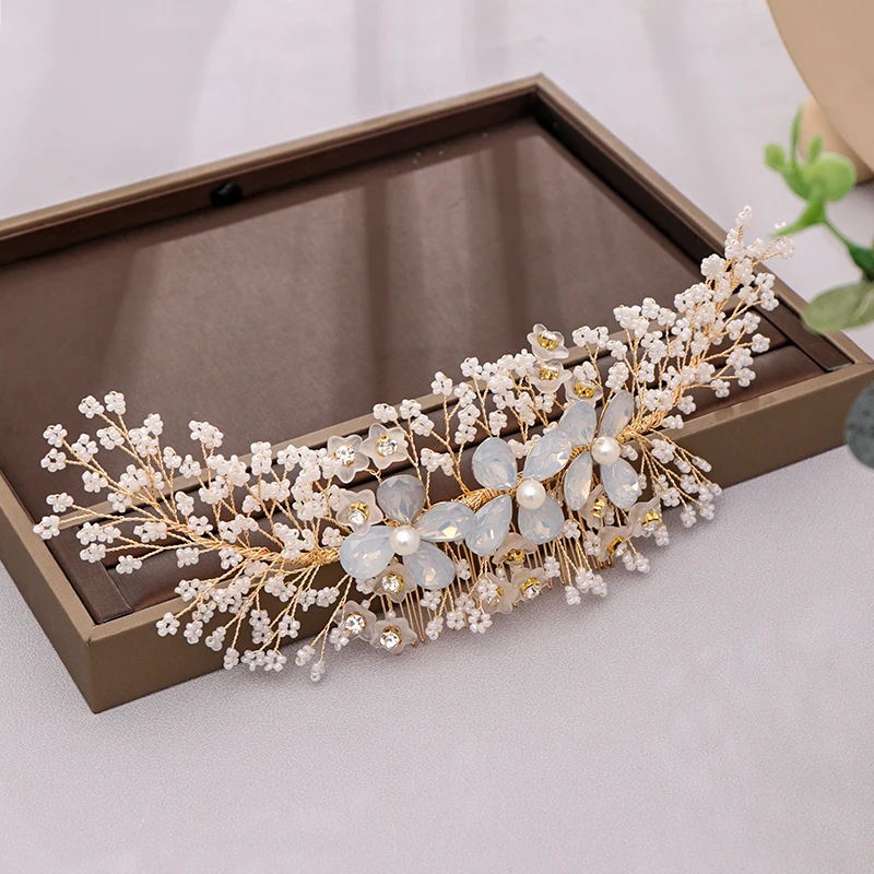 

Trendy Gold Rhinestone Flower Crystal Wedding Hair Comb Pearl tiara Bridal Hair Accessories Women Wedding Hair Jewelry Headpiece