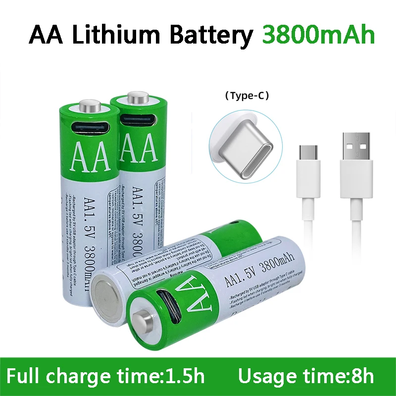 

New 1.5V AA Rechargeable Battery 3800mAh USB Rechargeable AA Battery Lithium Polymer Battery Quick Charging by Micro USB Cable