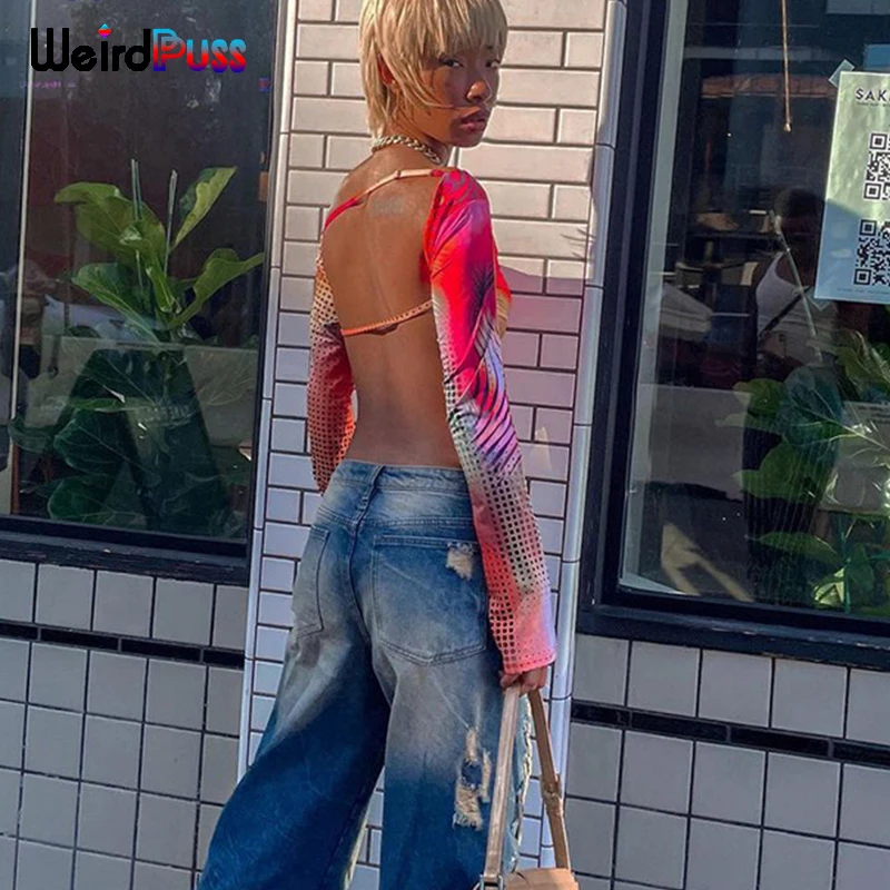 Женский топ с длинным рукавом и открытой спиной в хипстерском стиле | Женская