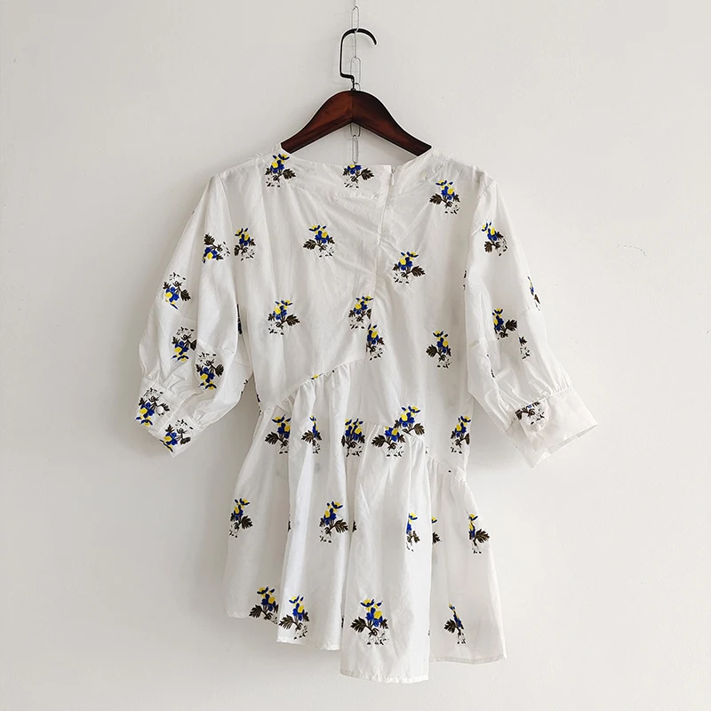 

AELESEEN Runway Fahsion Summer Blouse 2021 High Quality White Flower Embroidery Sweety Ladies Blouse