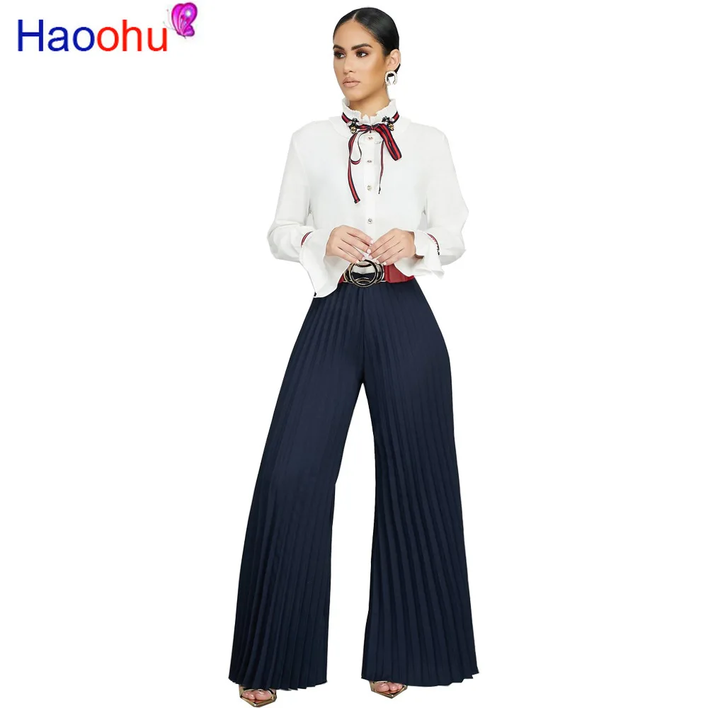 

HAOOHU new women summer solid chiffon pleated straight long pants high waist vintage fashion trousers leggings 3 colors