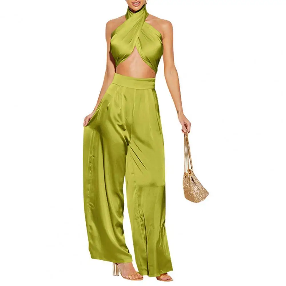 

Пикантный женский наряд, однотонный Свободный Летний топ без рукавов, комплект с широкими штанинами и высокой талией, стильные женские праз...