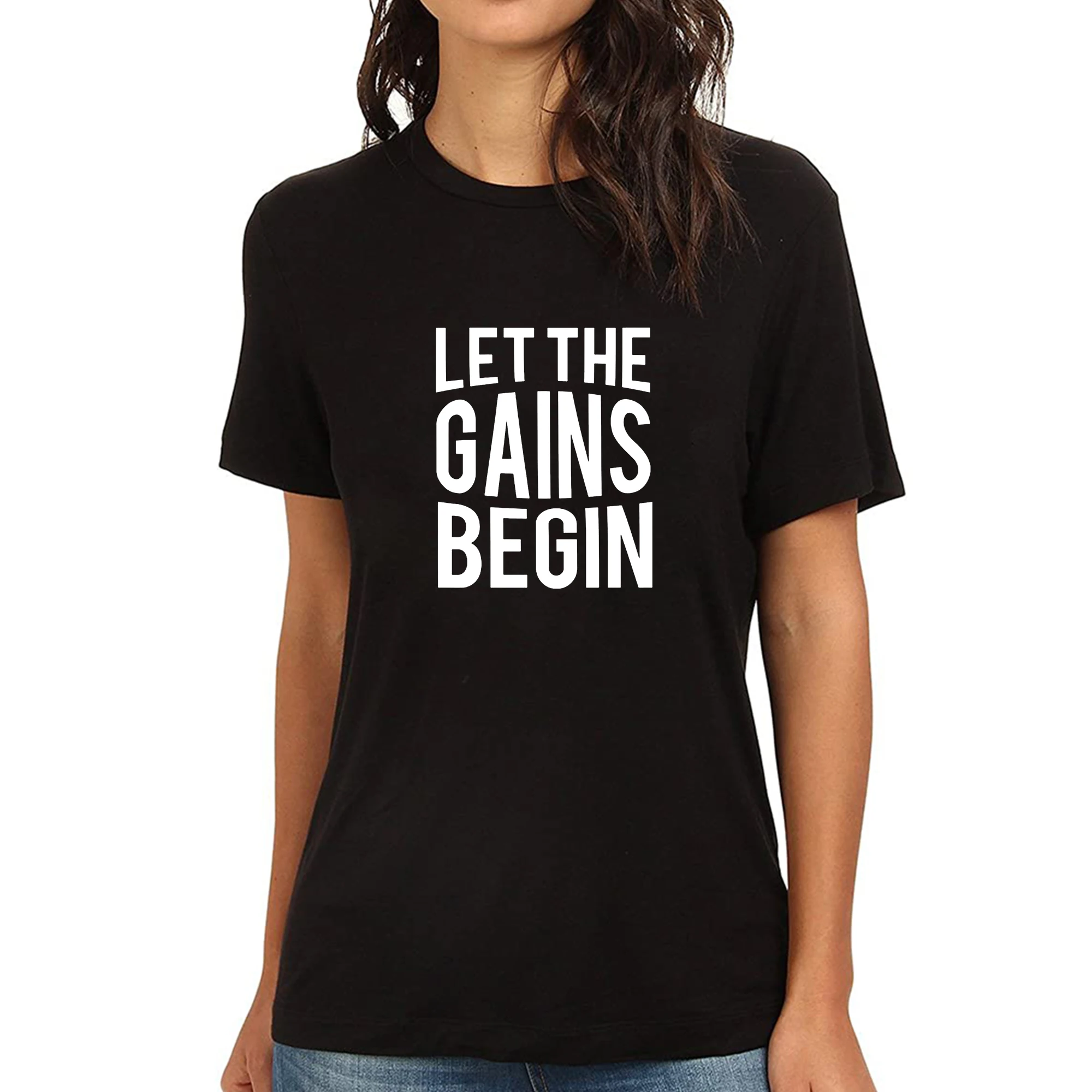 

Женская Повседневная футболка с надписью Let The Gains Begin Fitness
