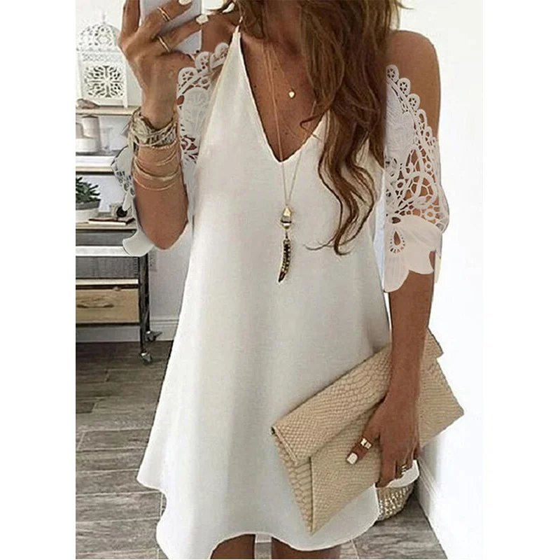 

New Women's Summer Half Sleeves Solid Color Dress Off Shoulder Female V Neck Lace Casual Plus Size Sling Party Dresses2021