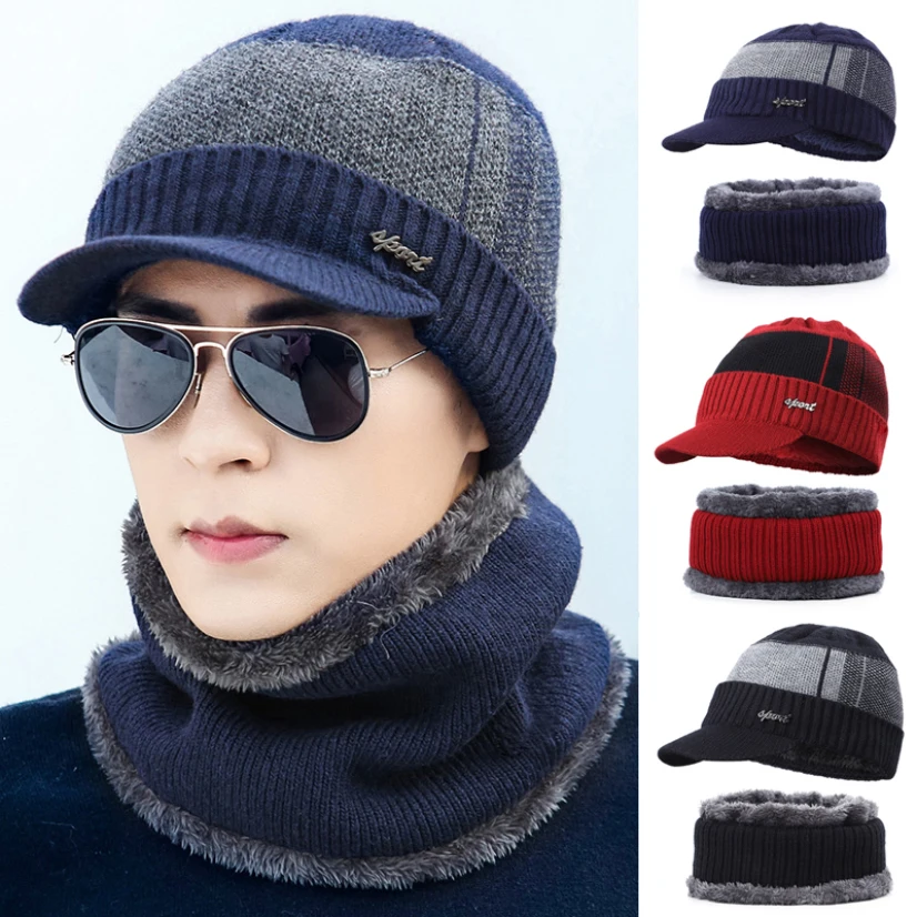 

Men Knitted Hats Bib Outdoor Thicken Warm Caps Autumn Winter Plus Velvet Knitted Beanies Male Casual Two-Piece Sets