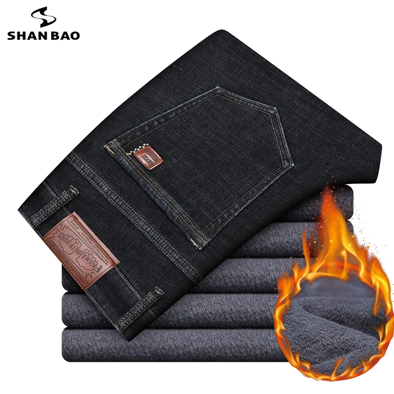 

Зимние брендовые флисовые плотные теплые прямые джинсы SHAN BAO 2021, Классические деловые мужские узкие эластичные джинсы с высокой посадкой