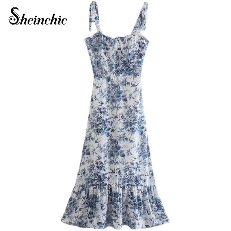 

Vintage Floral Printed Midi Dresses for Women Summer 2021 Sexy Spaghetti Strap Chiffon Dress Female