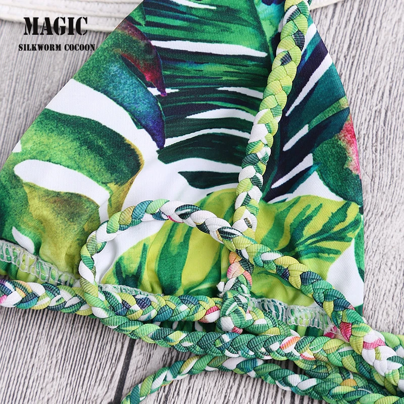 Женское двустороннее бикини с принтом зеленых листьев пикантный Плетеный