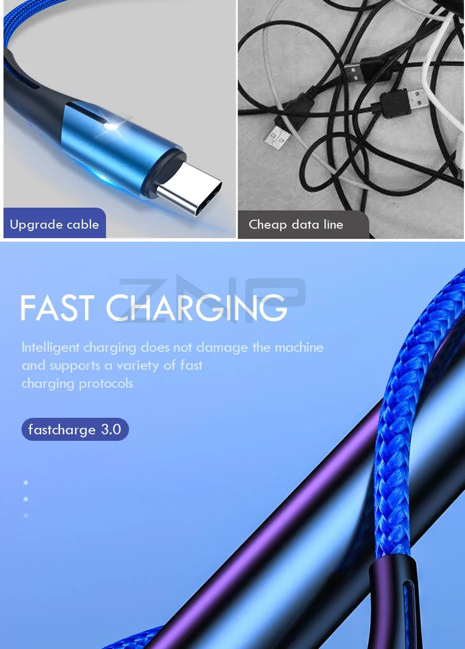 ZNP светодиодный кабель usb type-C для samsung S10 huawei P30, кабель для быстрой зарядки мобильных телефонов для Redmi Note 8 7, кабель для зарядки type-C