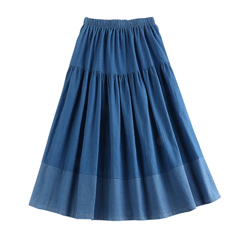 

D603 summer new han edition joker splicing pure color show thin denim high waist in long skirts women