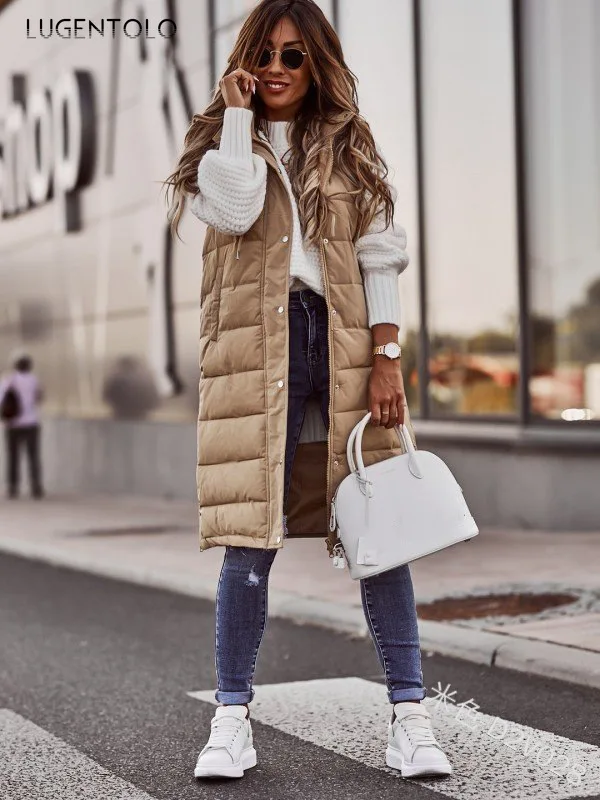 

Women Hooded Vest Single-breasted Slim Temperament Long Coat Female Large Size Solid Cardigan Autumn Winter Vests