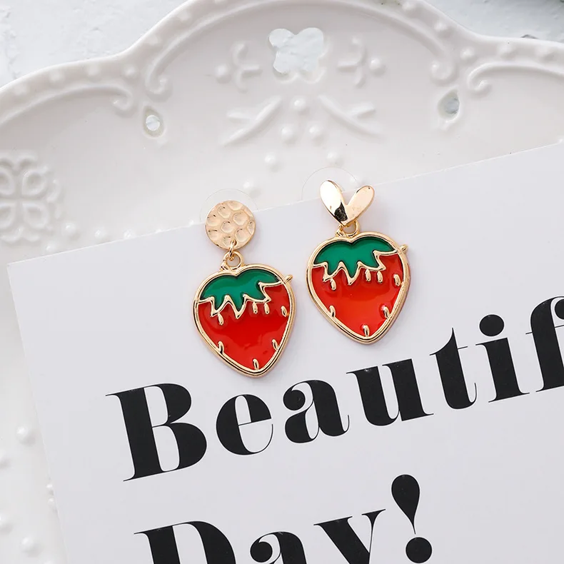 Kawaii Red Pink Strawberry Fruits Earrings Female Cute Korean Fashion Jewelry for Women Accessories Brincos Oorbellen | Украшения и